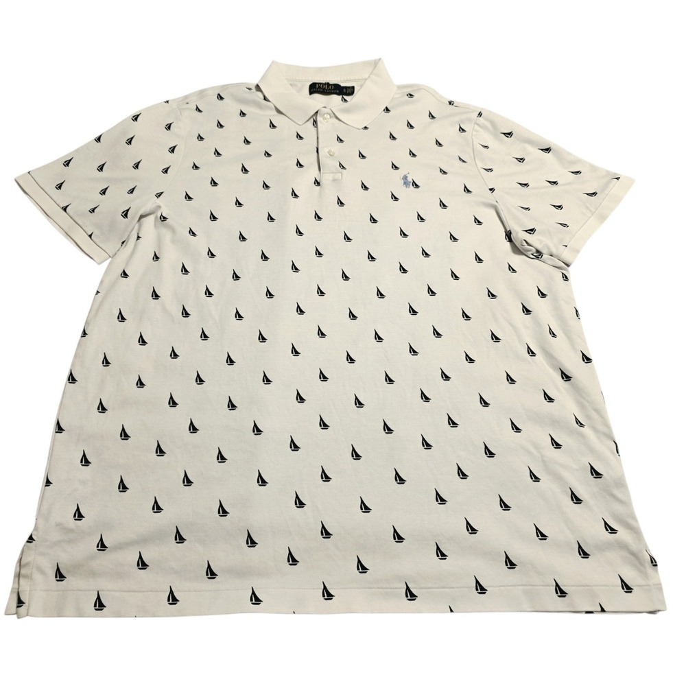 Polo Ralph Lauren Mens XL Polo Shirt White Navy Sailboat Print All Over